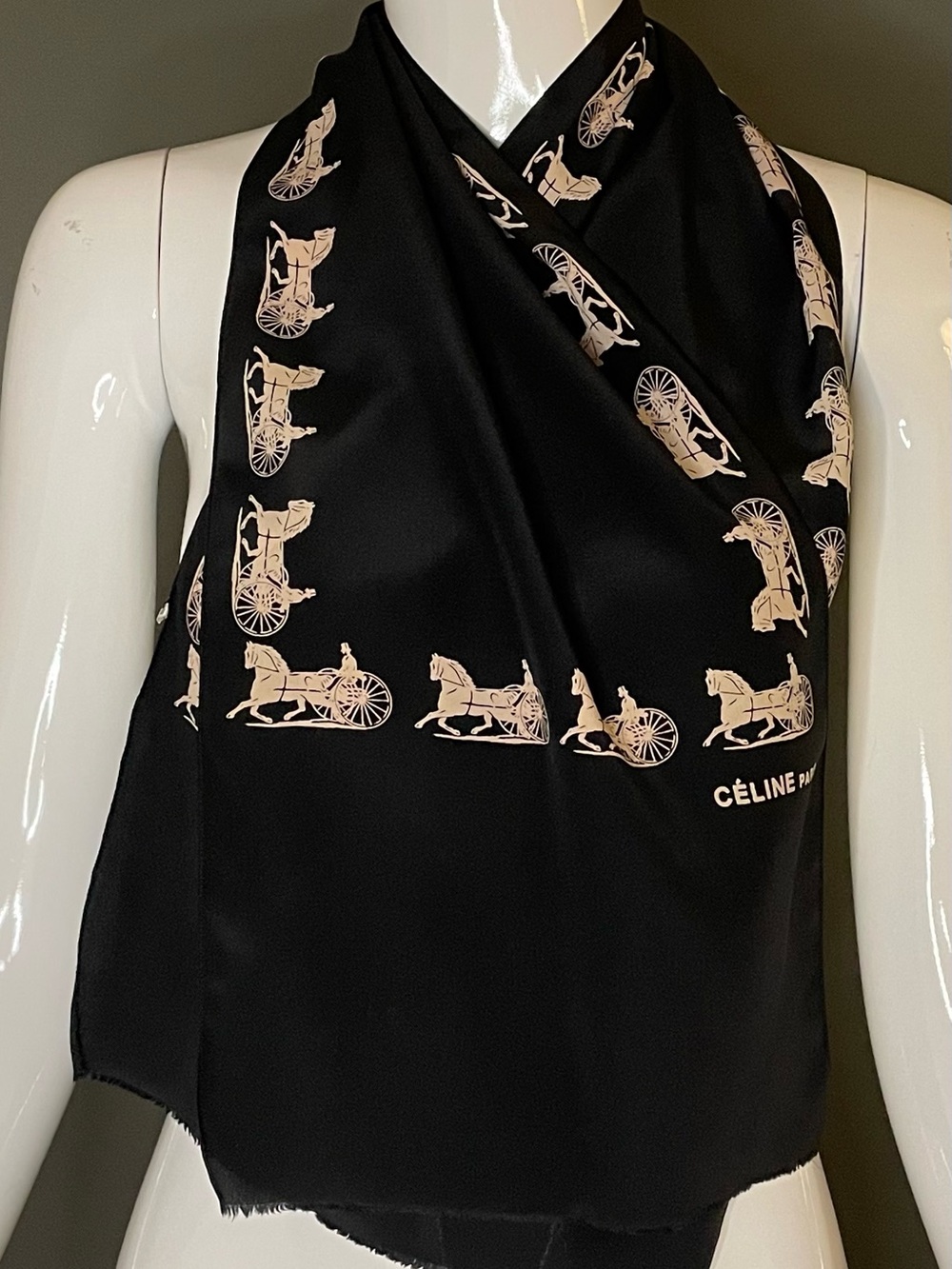 Vintage Celine Silk Scarf Classic Carriage Print 11 by 44 In Excellent Condition
